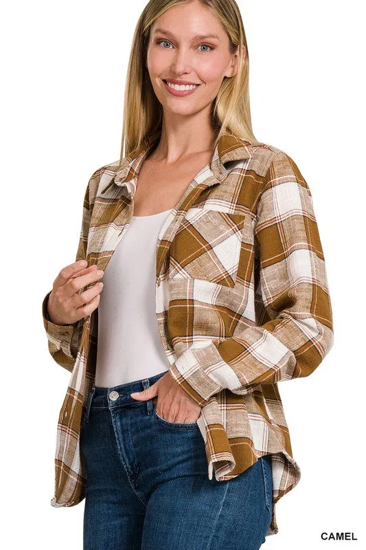 Zenana Clothing Cotton Plaid Shacket With Front Pocket