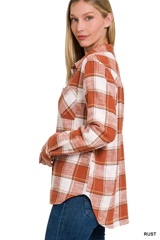 Zenana Clothing Cotton Plaid Shacket With Front Pocket
