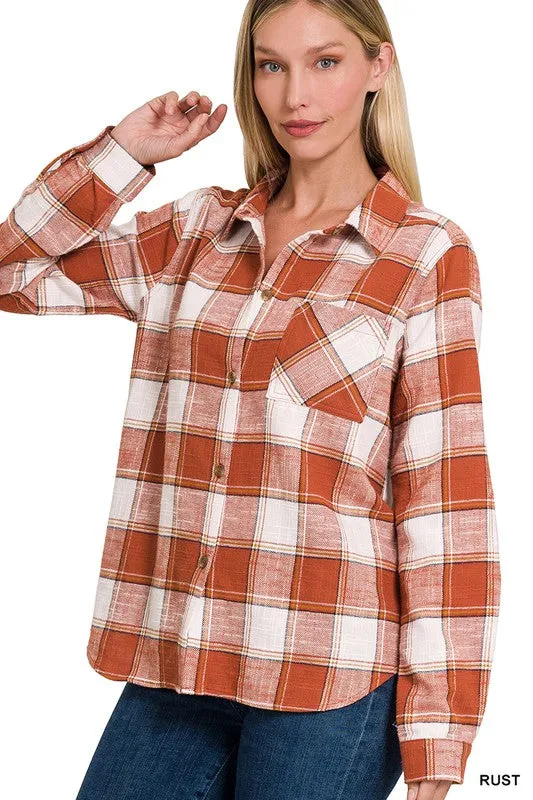 Zenana Clothing Cotton Plaid Shacket With Front Pocket
