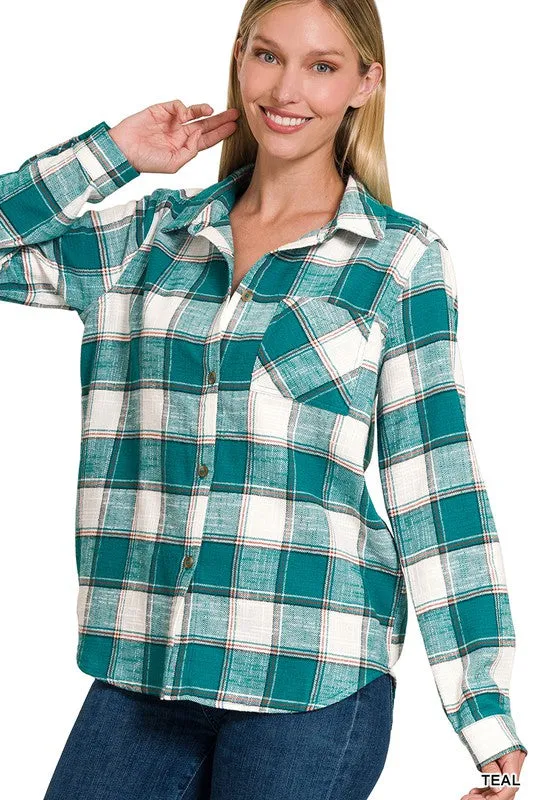 Zenana Clothing Cotton Plaid Shacket With Front Pocket