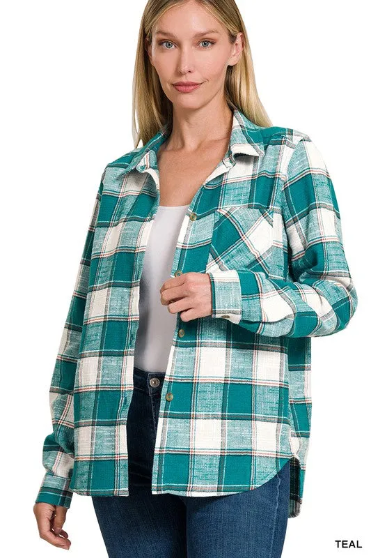 Zenana Clothing Cotton Plaid Shacket With Front Pocket