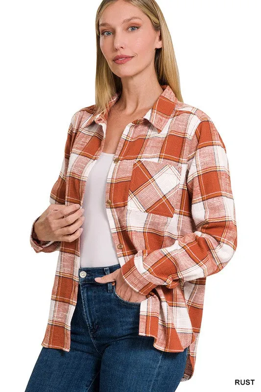 Zenana Clothing Cotton Plaid Shacket With Front Pocket