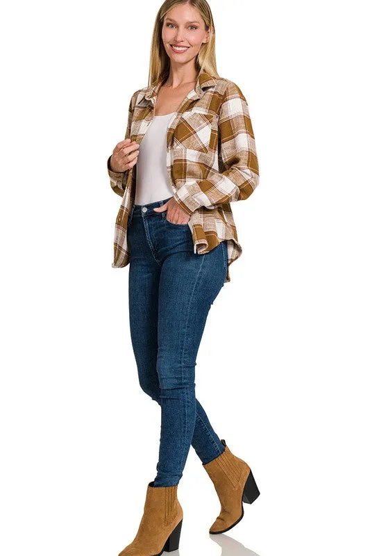 Zenana Clothing Cotton Plaid Shacket With Front Pocket