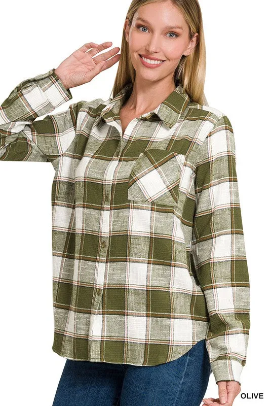 Zenana Clothing Cotton Plaid Shacket With Front Pocket