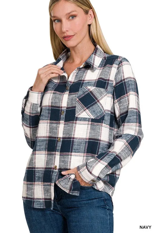 Zenana Clothing Cotton Plaid Shacket With Front Pocket