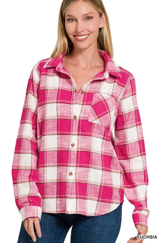 Zenana Clothing Cotton Plaid Shacket With Front Pocket