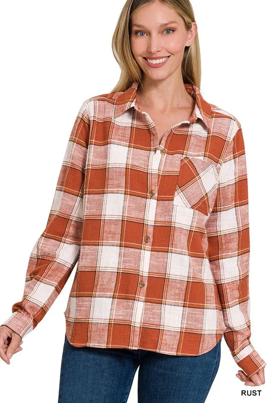 Zenana Clothing Cotton Plaid Shacket With Front Pocket