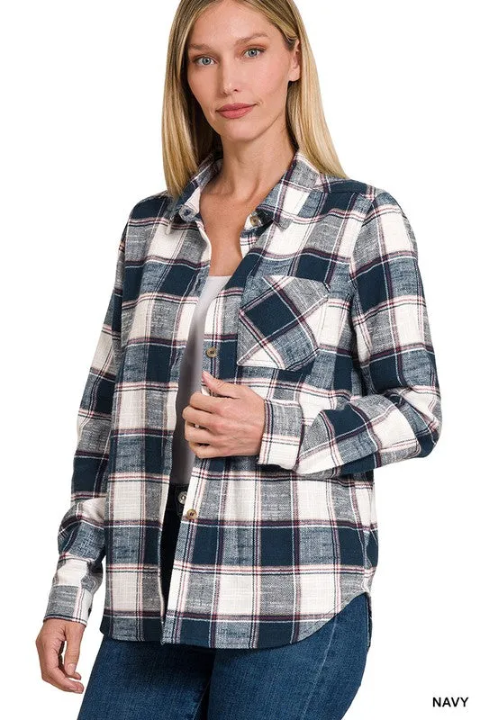Zenana Clothing Cotton Plaid Shacket With Front Pocket