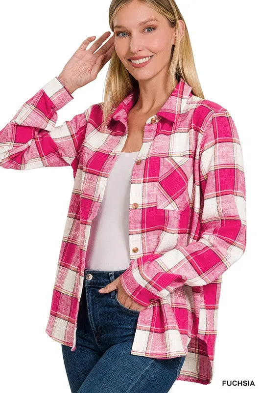 Zenana Clothing Cotton Plaid Shacket With Front Pocket