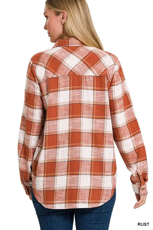 Zenana Clothing Cotton Plaid Shacket With Front Pocket