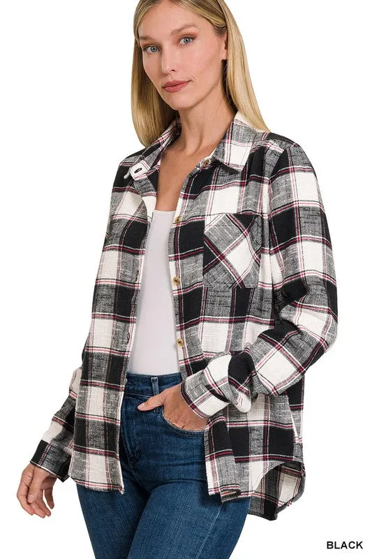 Zenana Clothing Cotton Plaid Shacket With Front Pocket