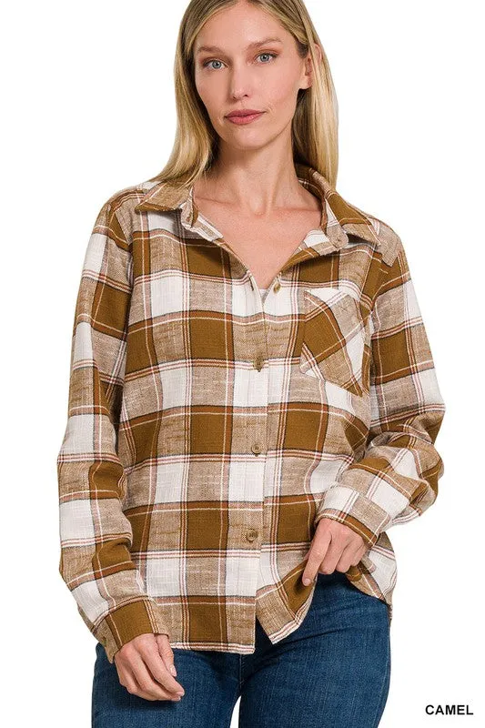 Zenana Clothing Cotton Plaid Shacket With Front Pocket